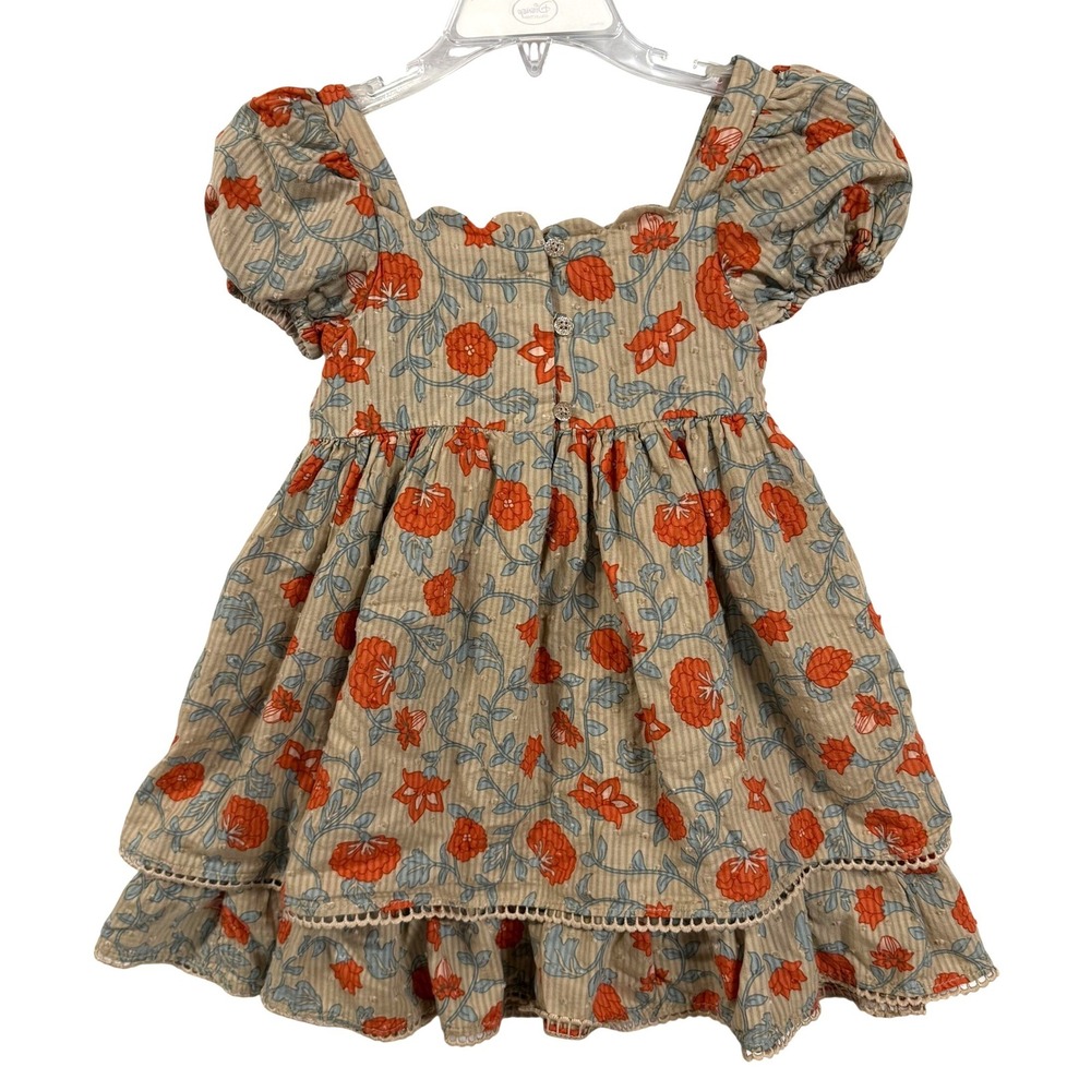 Happily Grey 4T Orange Floral Swiss Dot Tiered Puff Sleeve Scallop Dress Whimsy - Picture 2 of 9